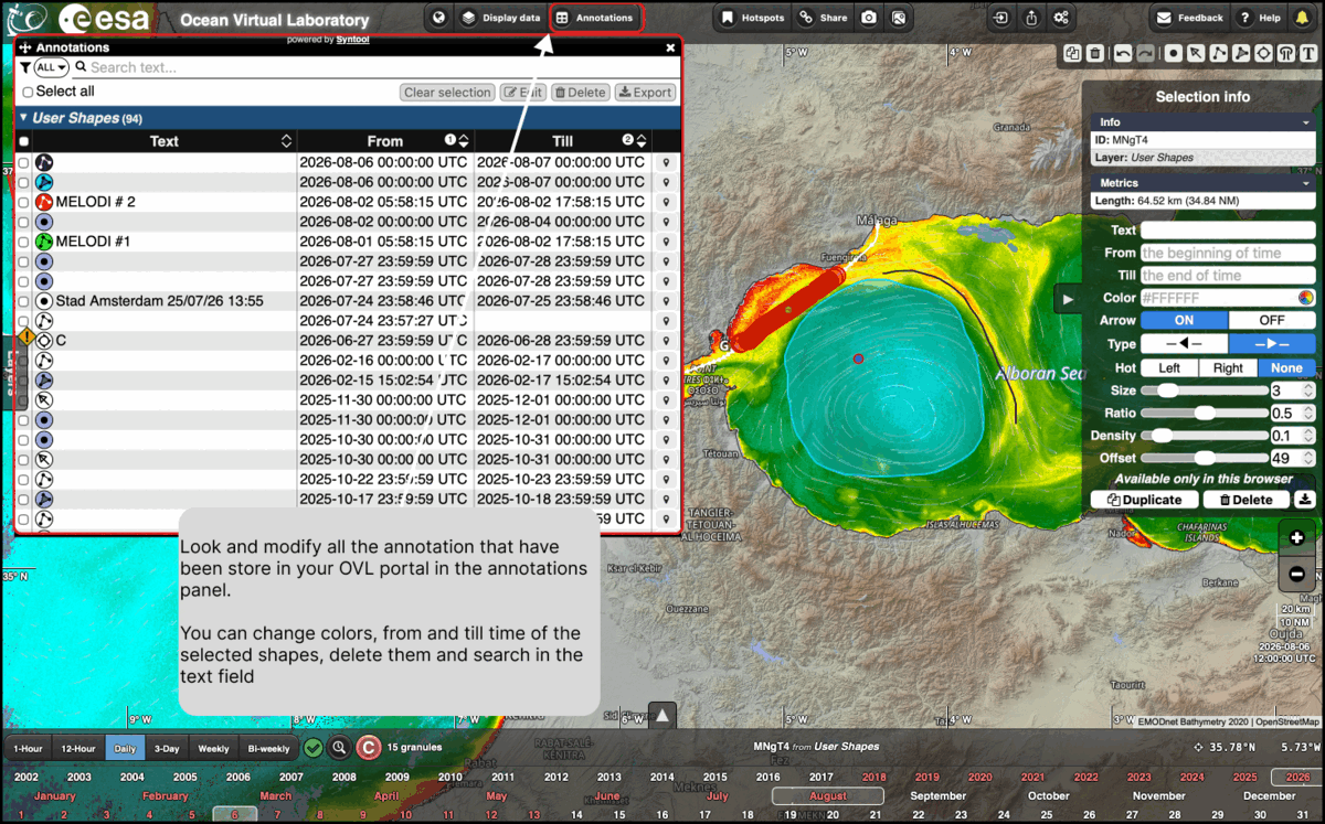 The annotations panel, listing the stored user shapes with their text and validity period