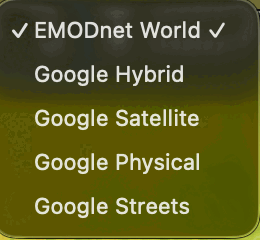 The base map menu, listing EMODnet World, Google Hybrid, Google Satellite, Google Physical and Google Streets