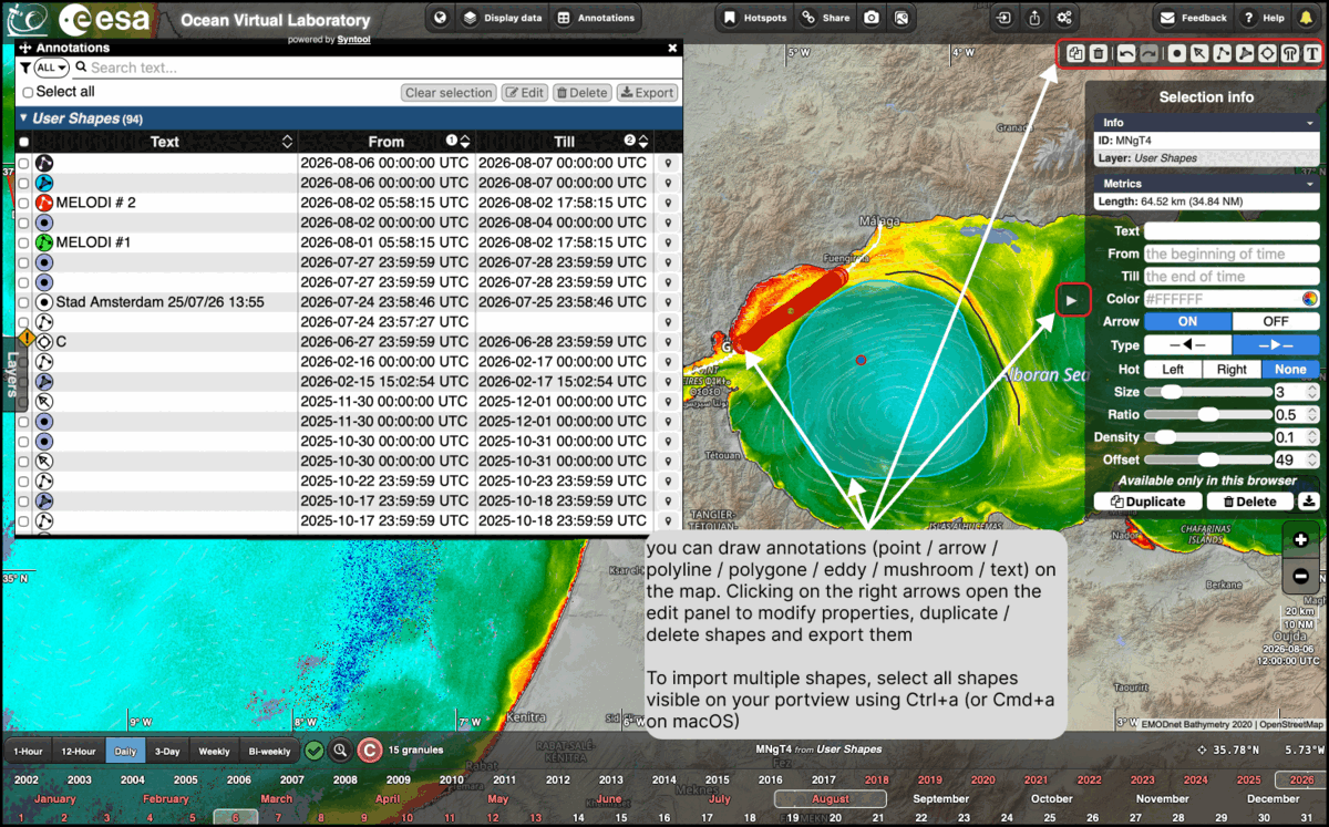 The drawing tools at the top right of the map, and the edit panel of the selected shape on the right