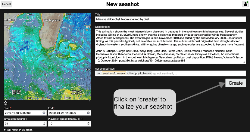 The New seashot page, with the preview on the left, the title, description, tags and animation settings on the right, and the Create button