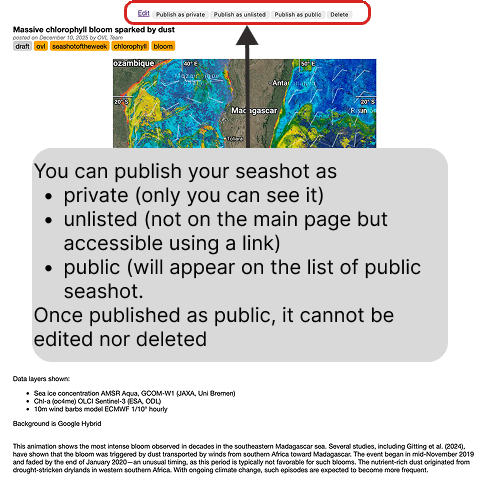 The bar at the top of a seashot, with the Edit, Publish as private, Publish as unlisted, Publish as public and Delete actions