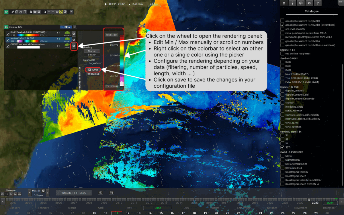 The rendering panel of a layer, with the min and max values, the colorbar, the filtering options and the Save button