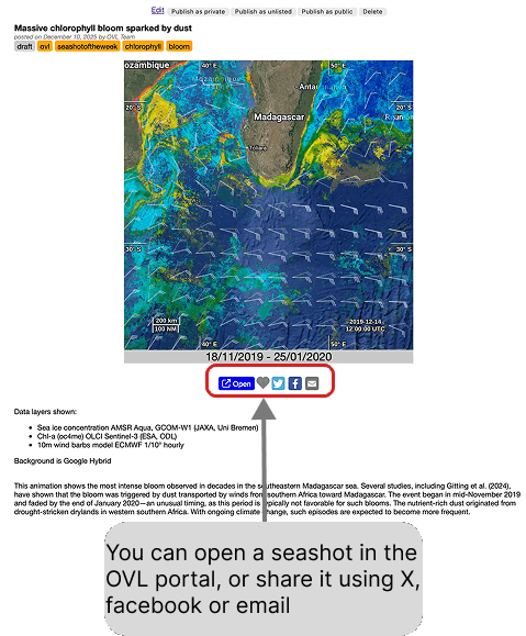 A published seashot, with the buttons below the image to open it in the OVL portal or share it